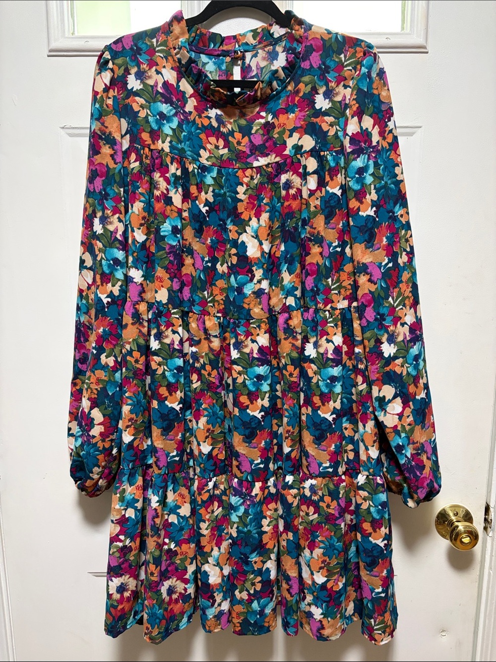 Long Sleeve Floral Tiered Dress in Teal Multi - Brand Unspecified